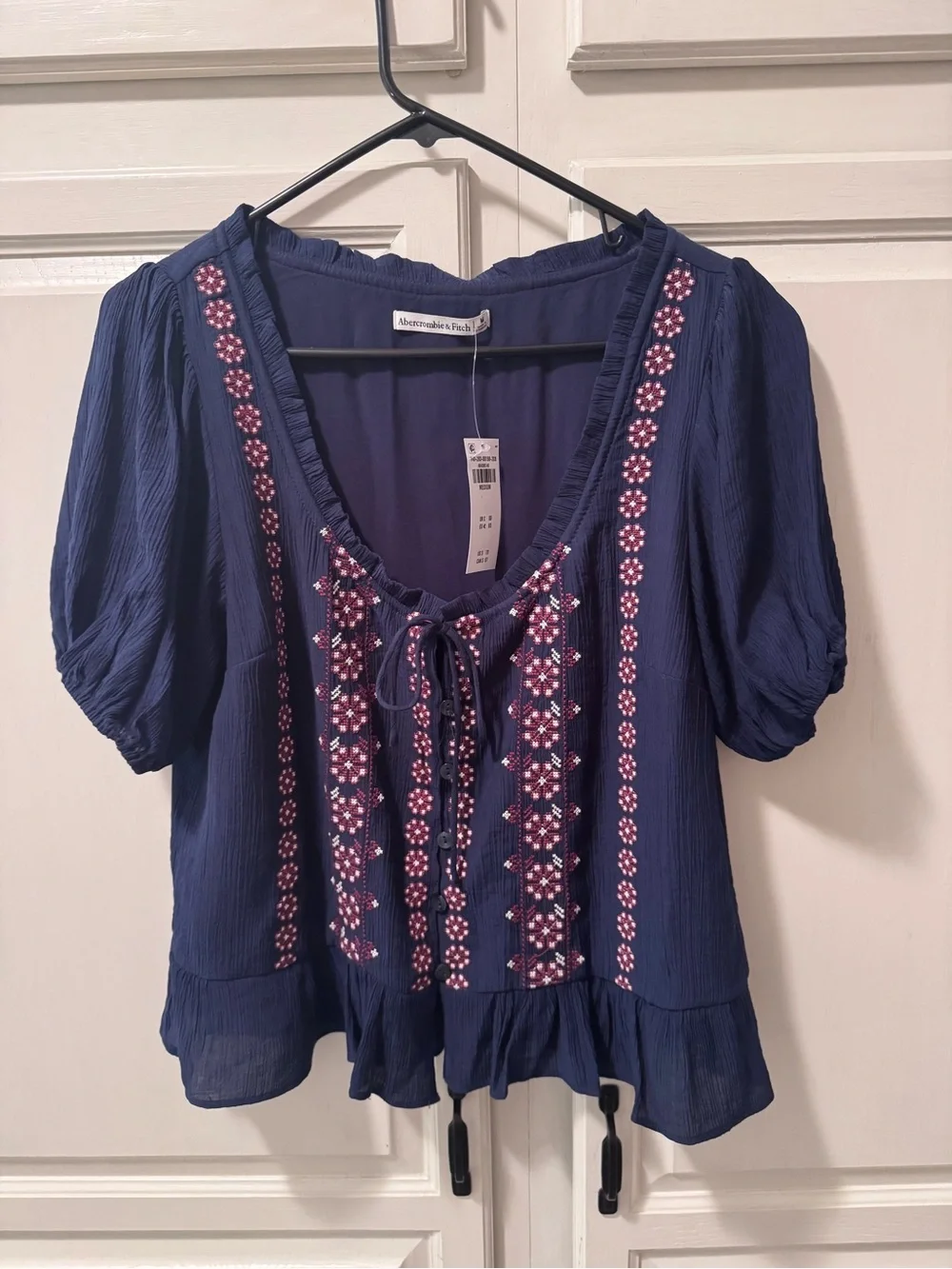 Abercrombie & Fitch Navy Floral Embroidered Tie-Front Blouse